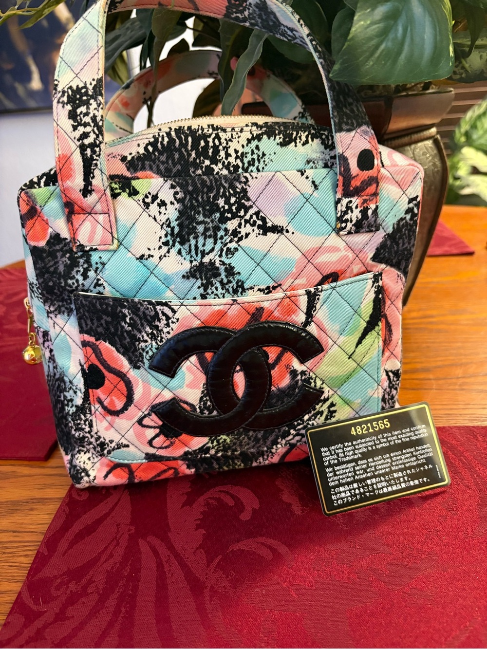 RARE Chanel Watercolor Multi Floral Quilted Tote with Patent Black CC front back